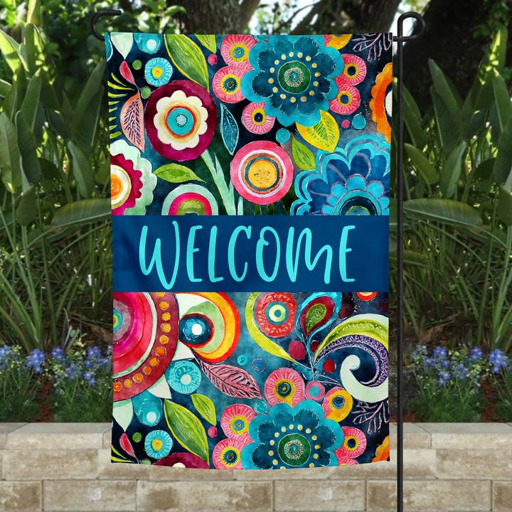 Garden Flag - Blue Welcome Flower Swirl