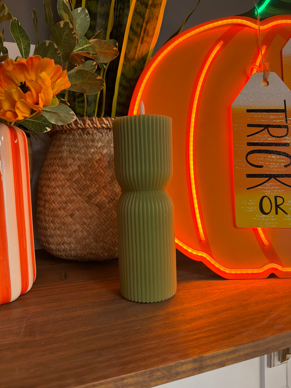 Large Ribbed Led Candle Brown or Green