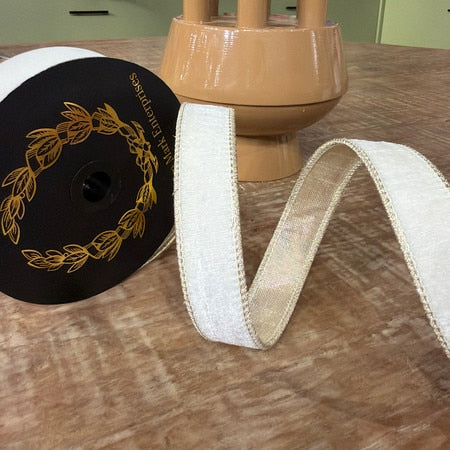 John Mark Ribbon- White Velvet Metallic Gold Dupion Backing Ribbon