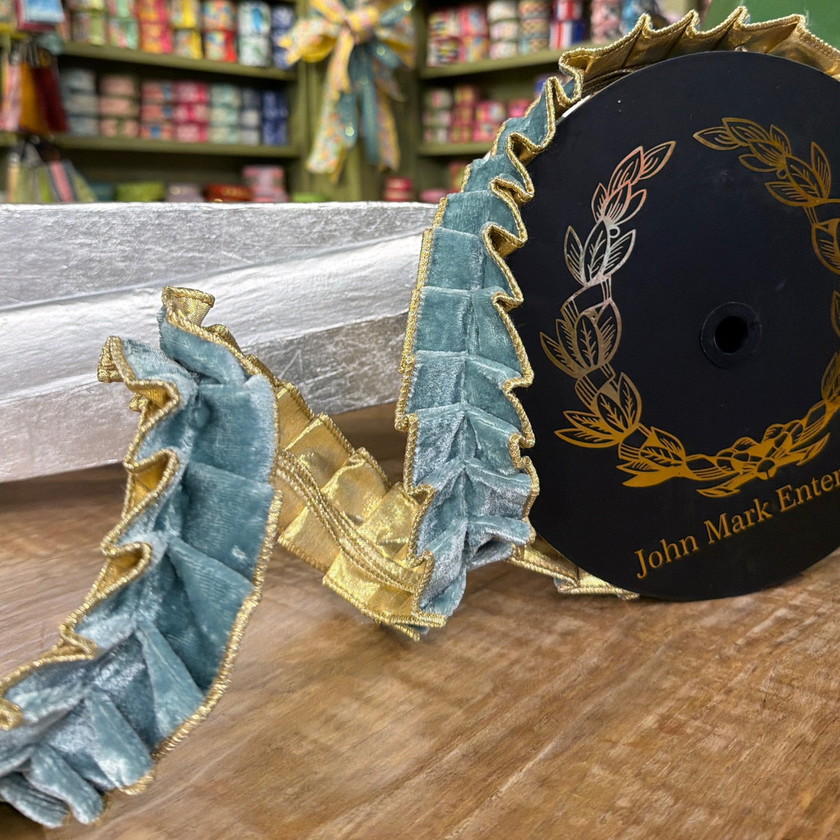 John Mark Ribbon Aqua Velvet Pleated Metallic Dupion Double Fused