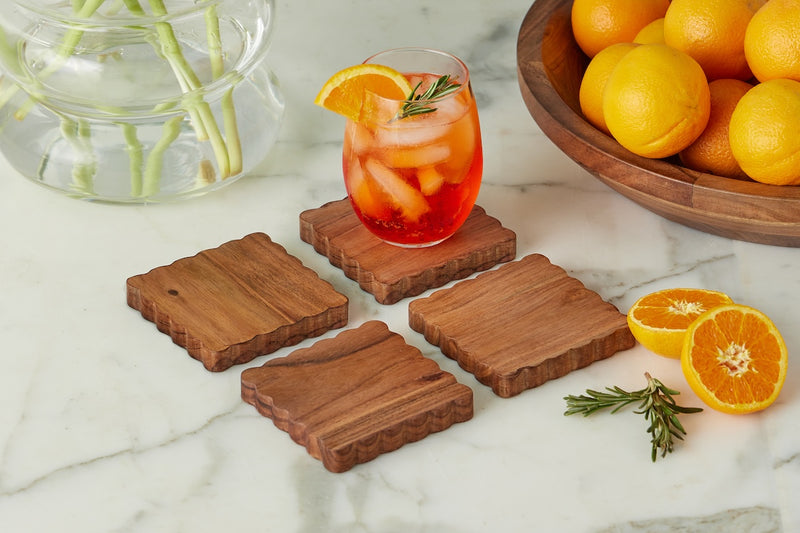 6 Scalloped Wood Coasters Natural Set of 4