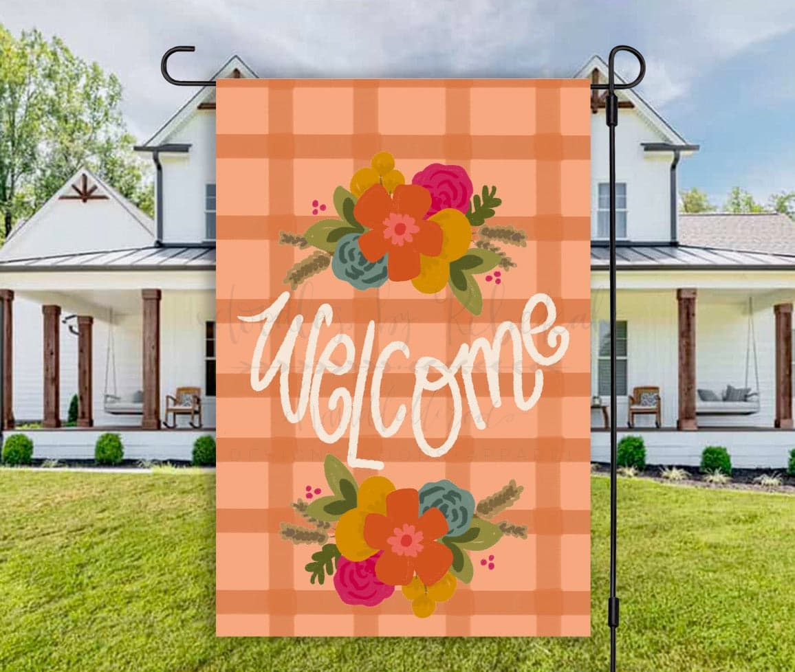 Orange Welcome Floral Plaid Garden Flag