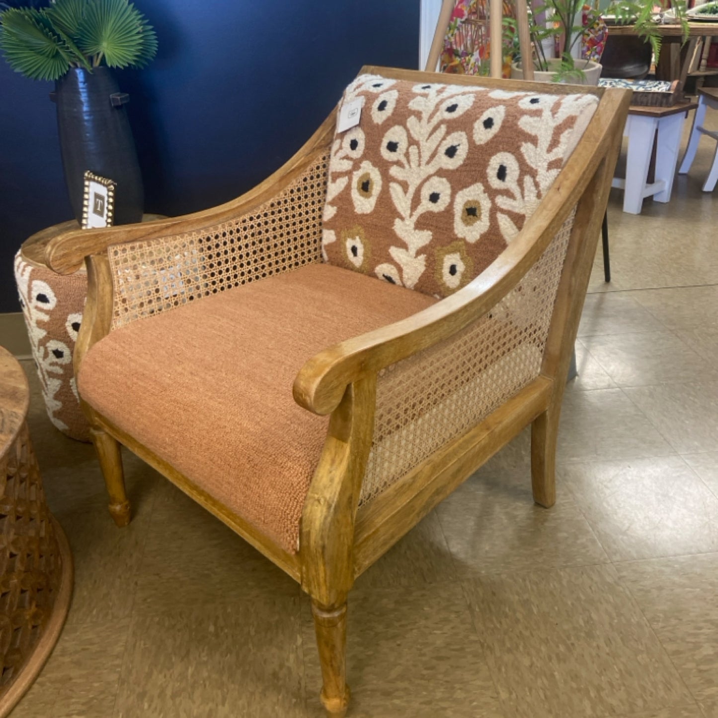 6 Mango wood and cane arm chair w hand tufted back
