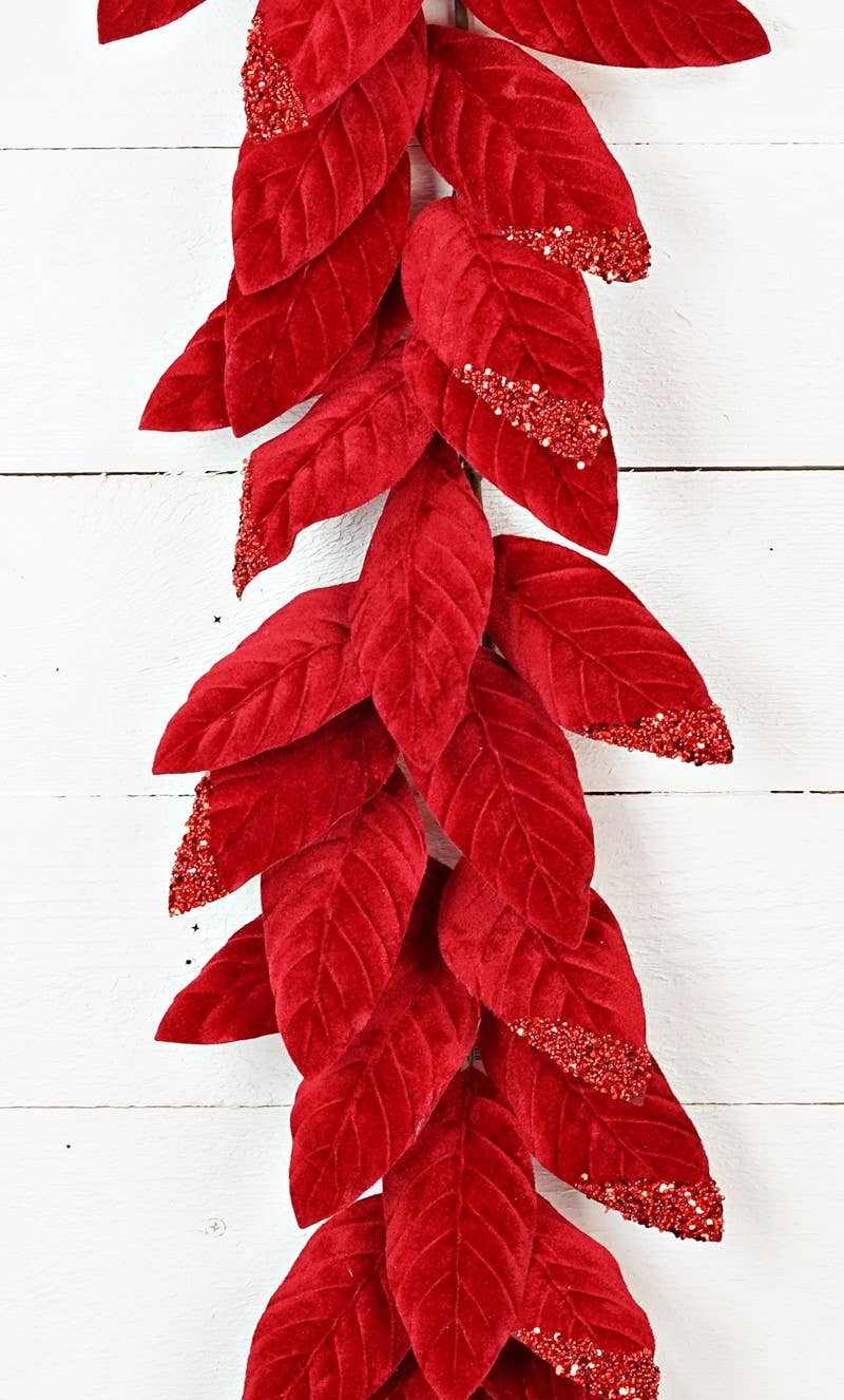 6 28205- 4ft Red Velvet Magnolia Leaves Garland