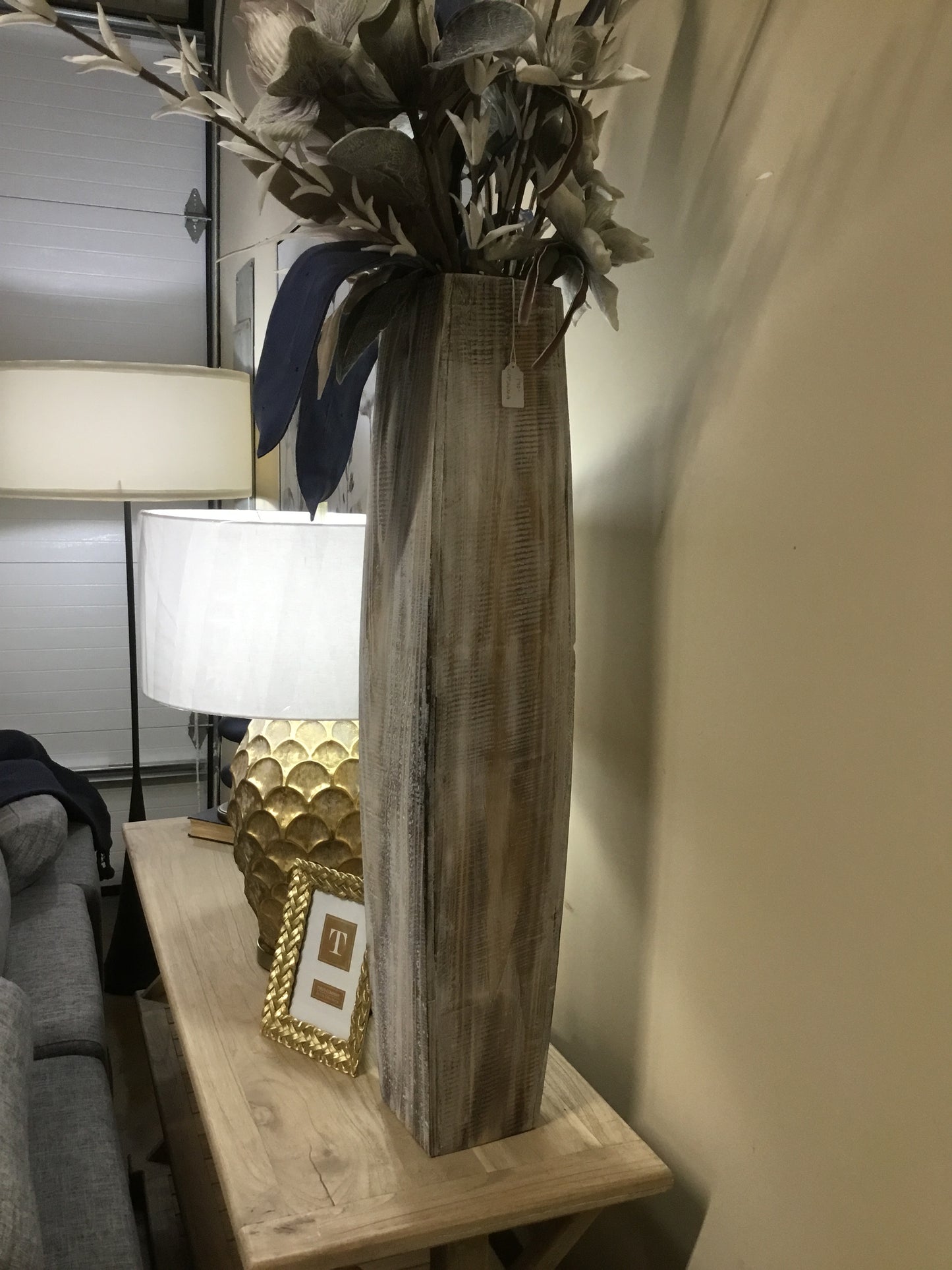 White Washed Tall Oblong Wooden Vase 2 Sizes