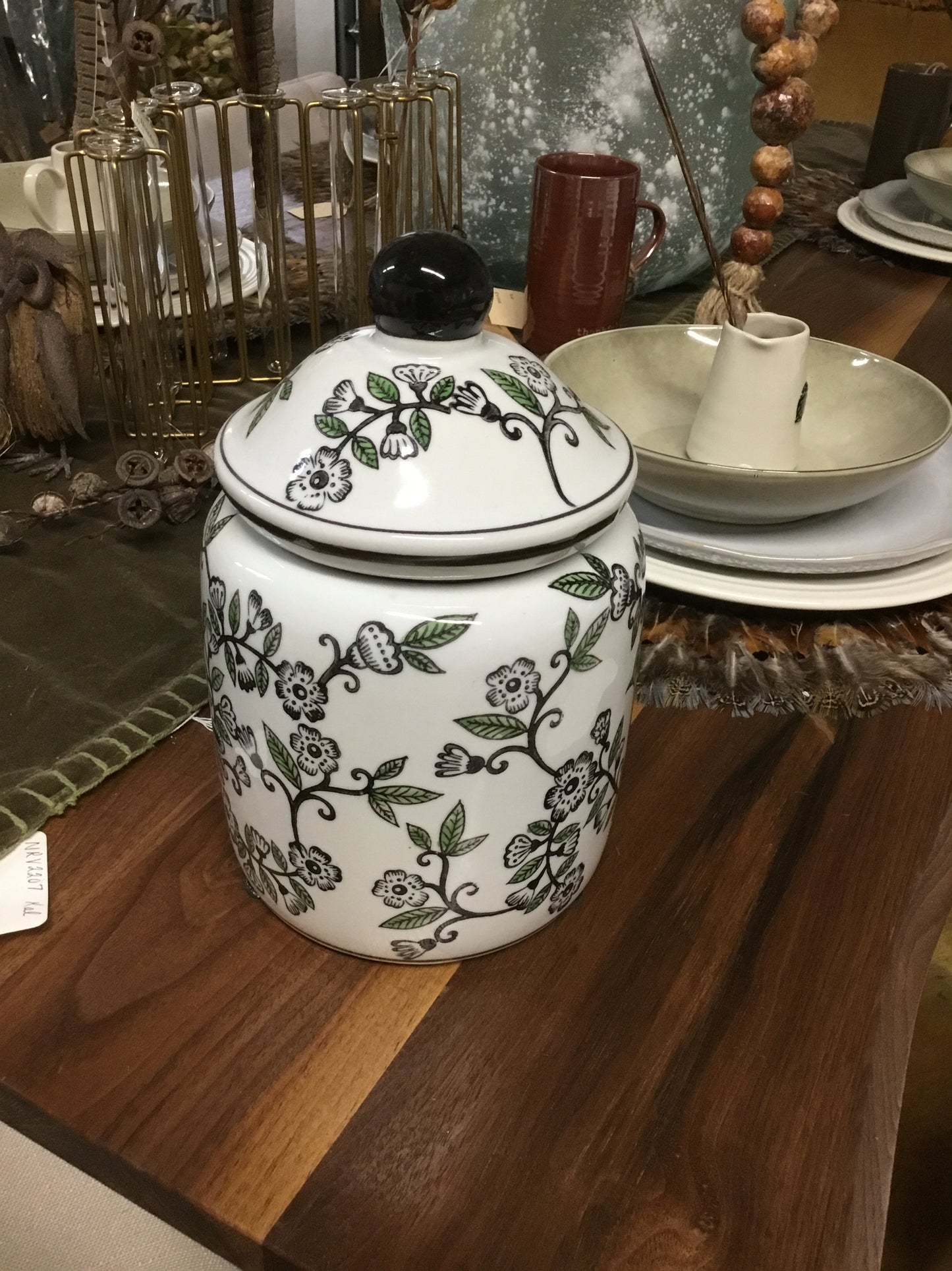 17852A-Kk Black White And Green Bird Print Lidded Containers 2 Sizes