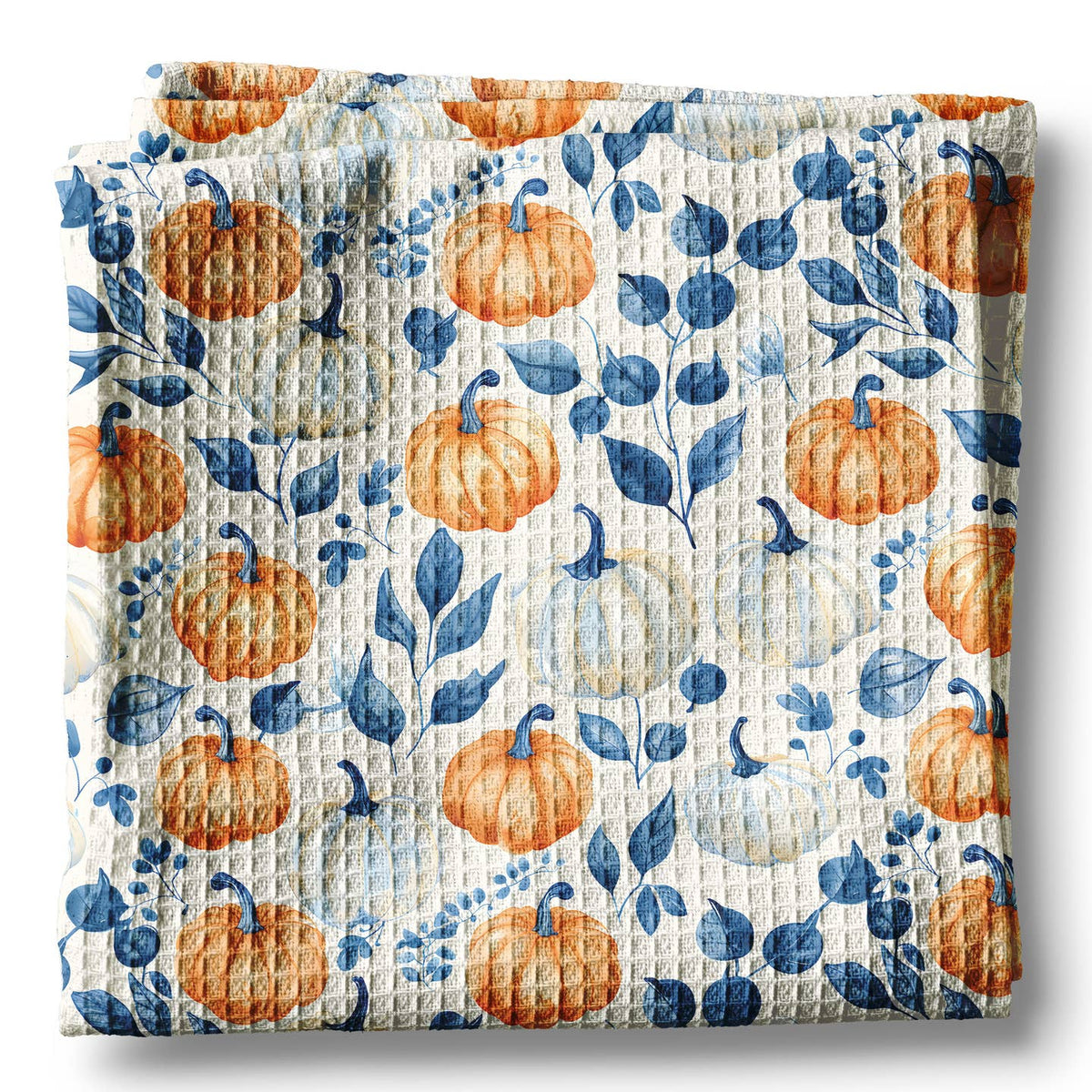 Blue Pumpkin Chinoiserie Fall Coastal Kitchen Towel Waffle