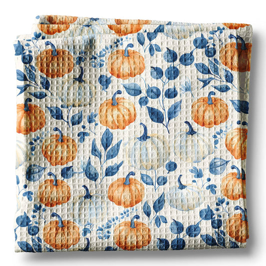 Blue Pumpkin Chinoiserie Fall Coastal Kitchen Towel Waffle