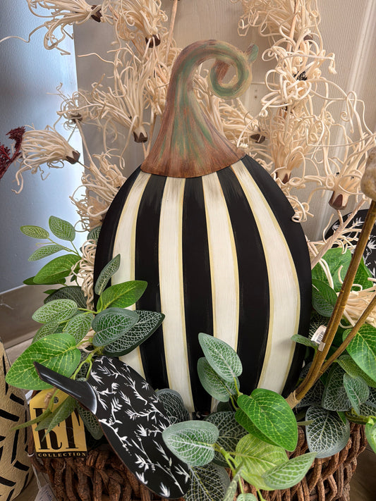 Tall Black and White Striped Metal Pumpkin