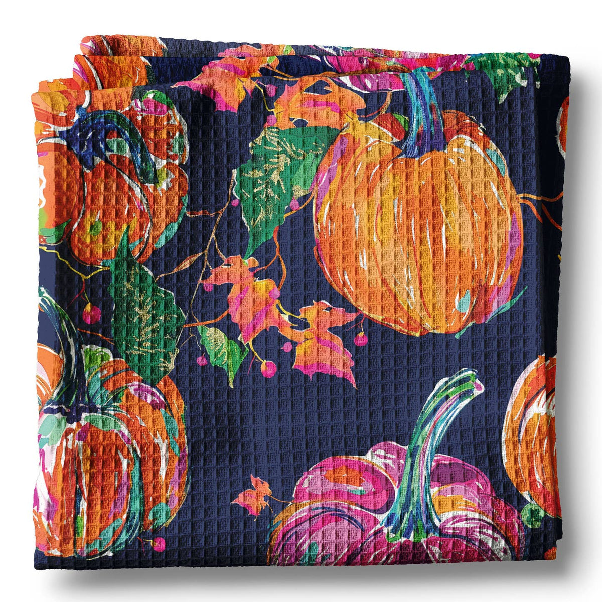 Preppy Navy Pink Pumpkin Fall Coastal Kitchen Towel Waffle