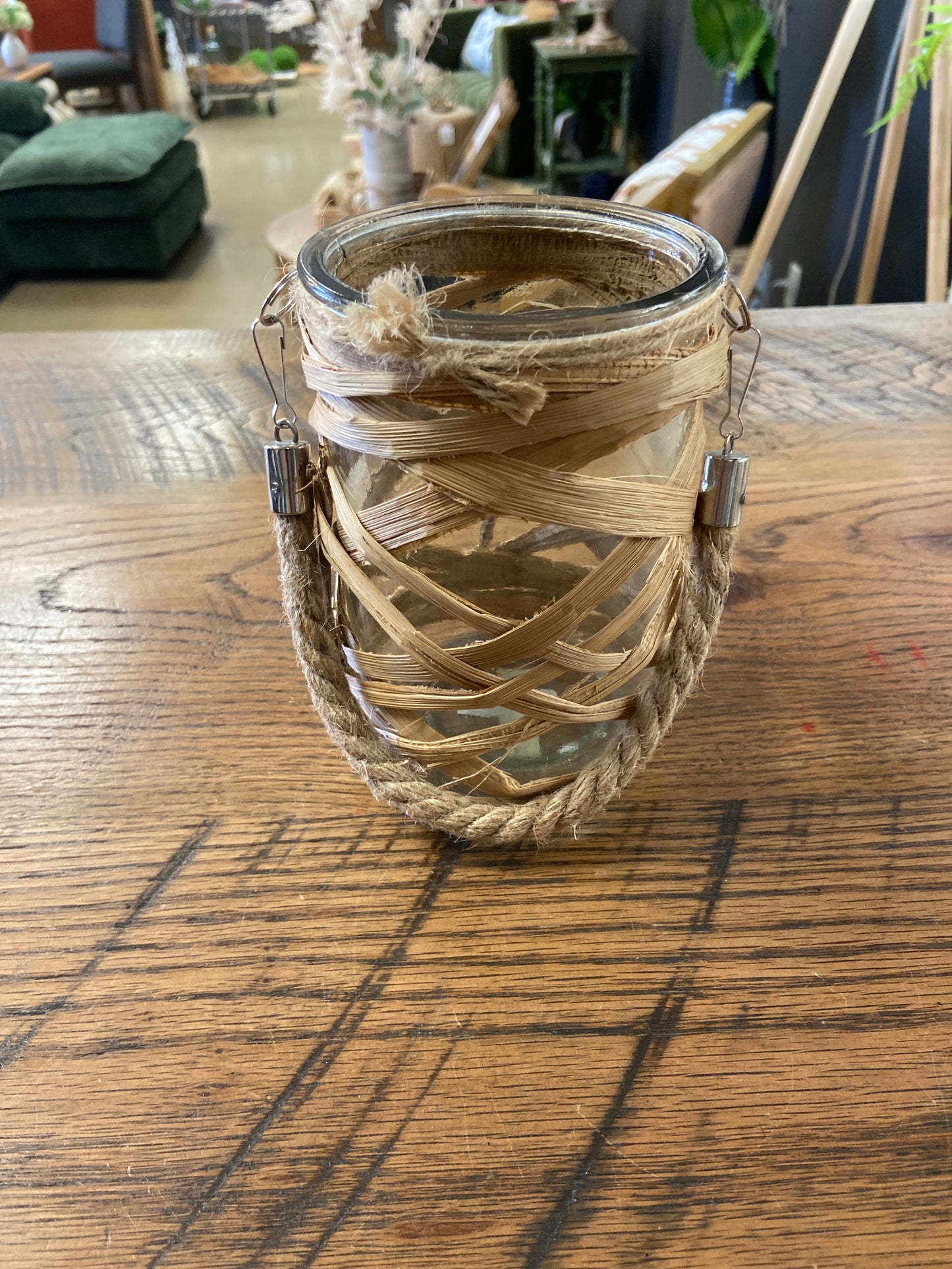 Wicker Wrapped Glass Vase w Jute Handles