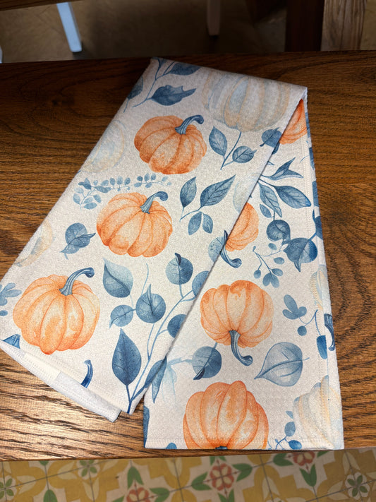 Blue Pumpkin Chinoiserie Fall Coastal Kitchen Towel Waffle