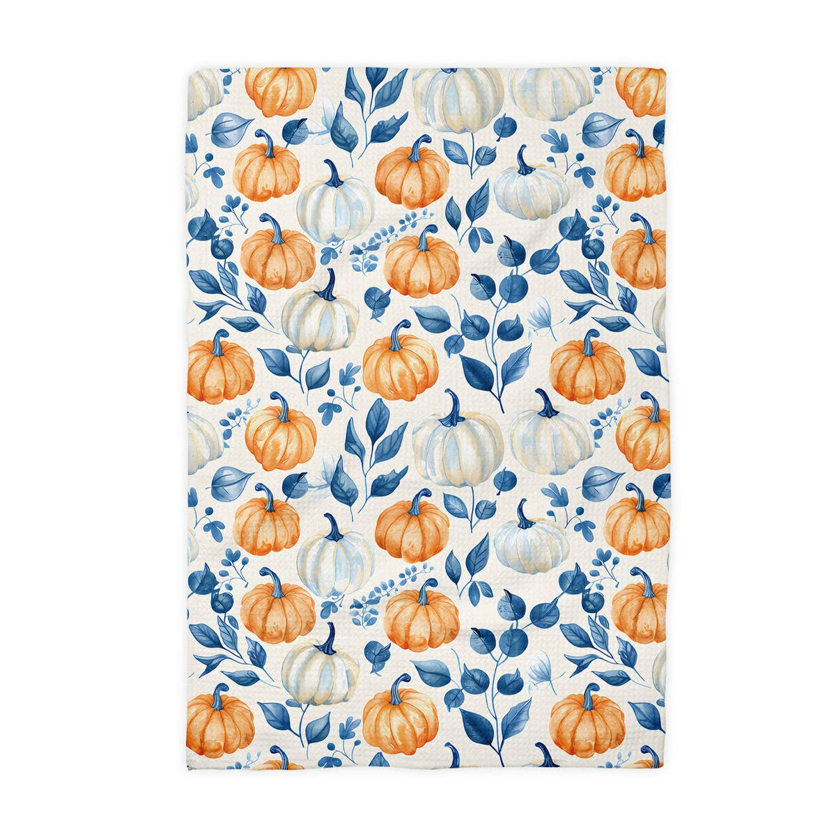 Blue Pumpkin Chinoiserie Fall Coastal Kitchen Towel Waffle