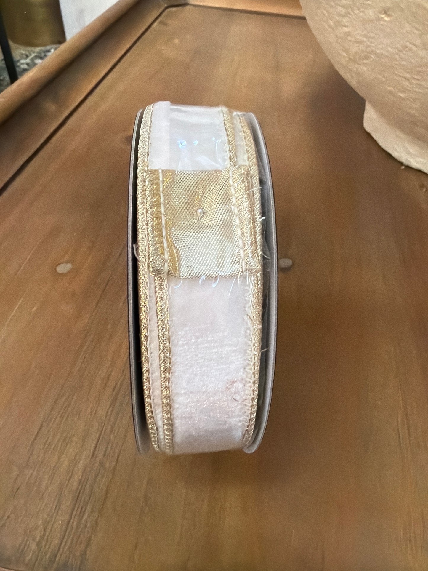 John Mark Ribbon.  White Velvet Metallic Gold Dupion Backing Ribbon