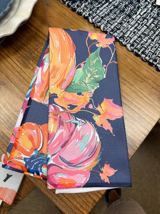 Preppy Navy Pink Pumpkin Fall Coastal Kitchen Towel Waffle
