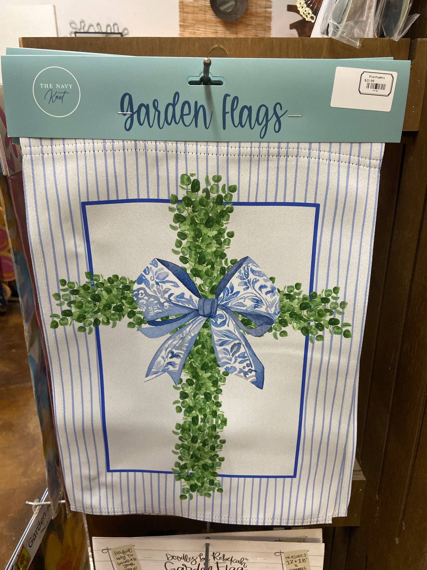 6 Easter Garden Flag Shrub Cross with Blue Bow