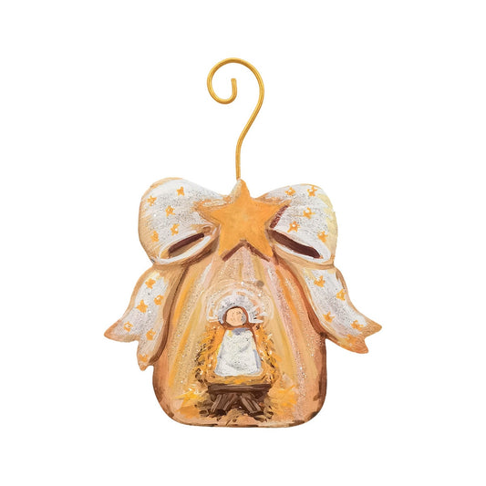 Gold Bow Manger and Baby Jesus Metal Ornament