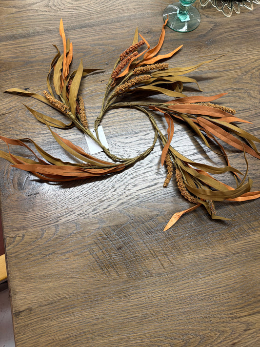 42205C 16" Orange/tan Long Slender Candle ring/wreath Eva leaves KK