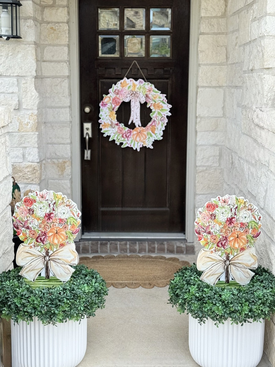 Becks Rose and Pumpkin Wreath with Brown Bow