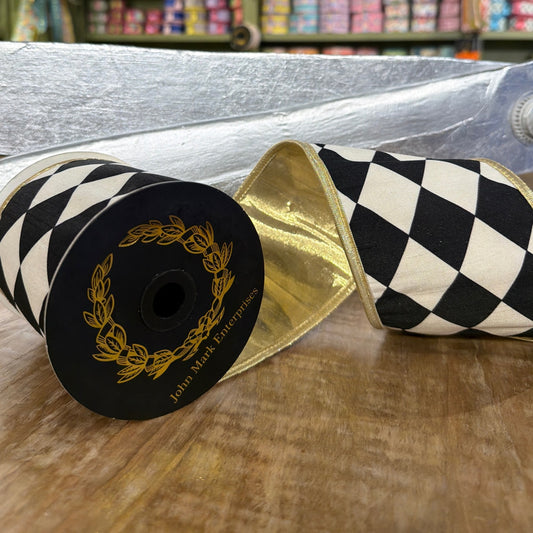 John Mark Ribbon Harequin Print Fused Metallic Dupion Piping Black