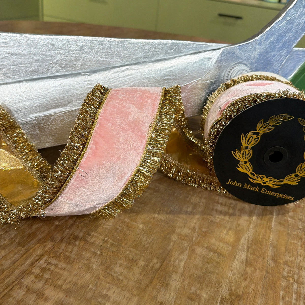 John Mark Ribbon Pink Velvet Double Sided Trim/Back Metallic Dupion