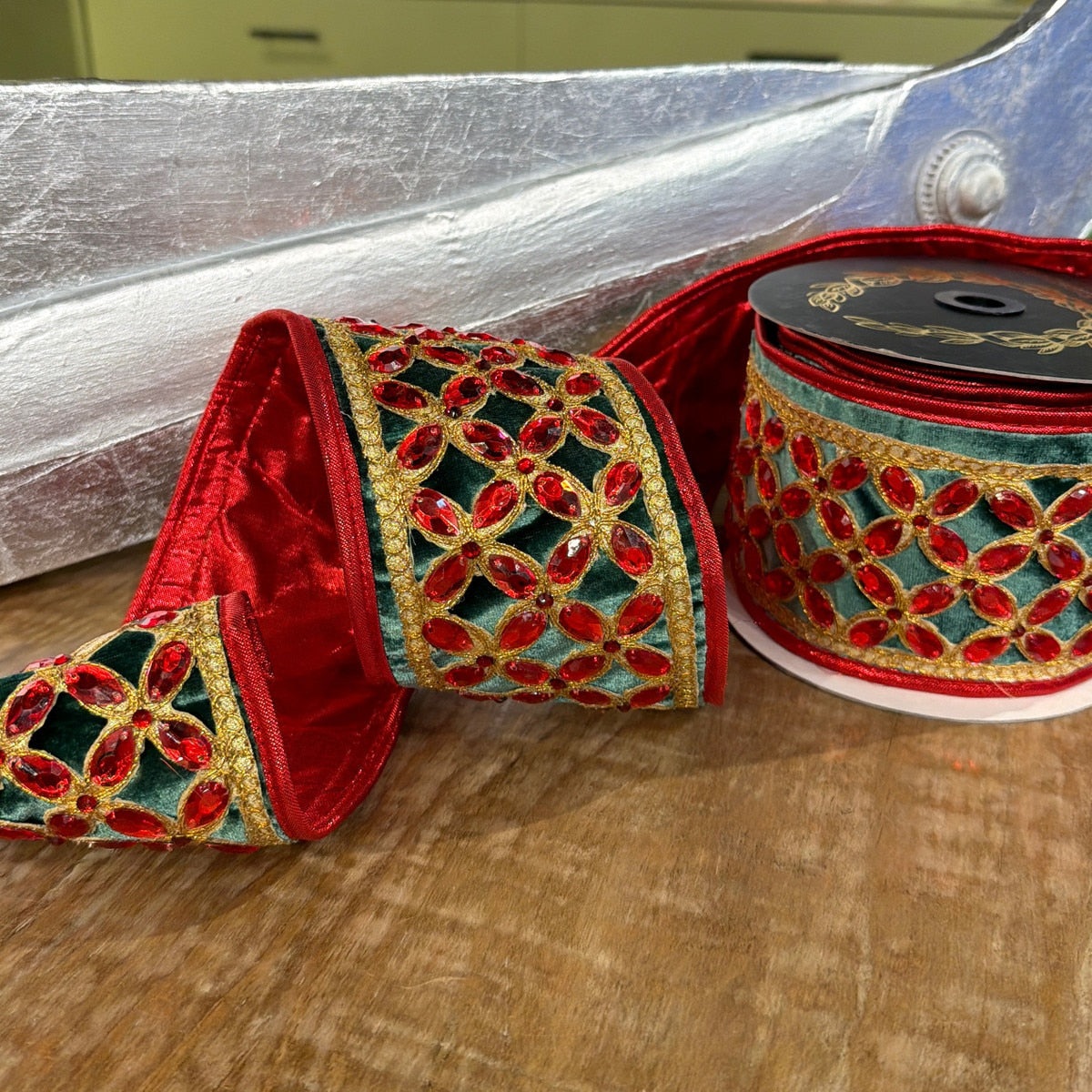 John Mark Ribbon Green Velvet Red Floret Center Metallic Dupion Trim Red