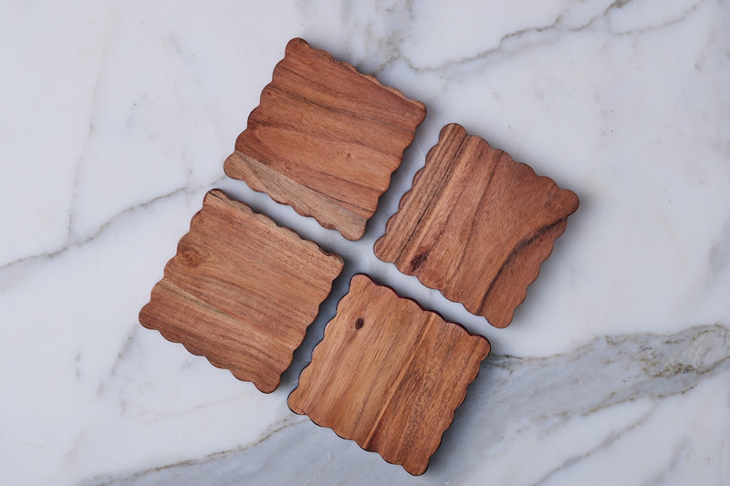 6 Scalloped Wood Coasters Natural Set of 4