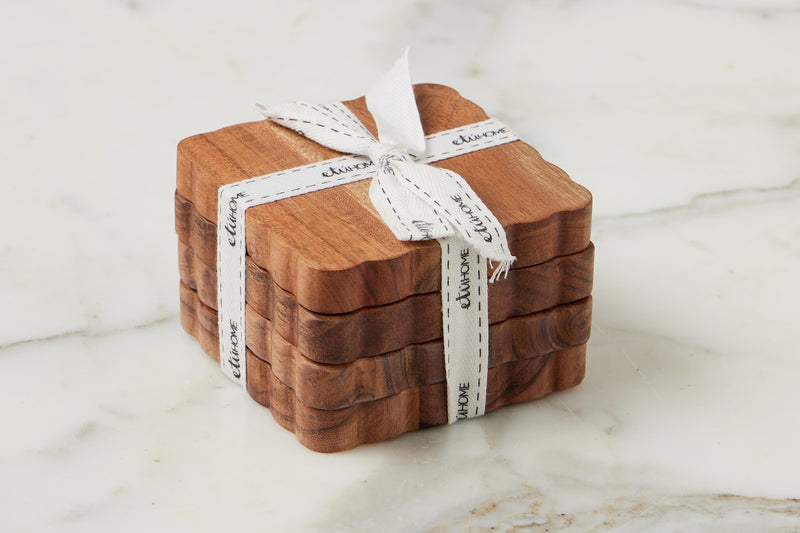 6 Scalloped Wood Coasters Natural Set of 4