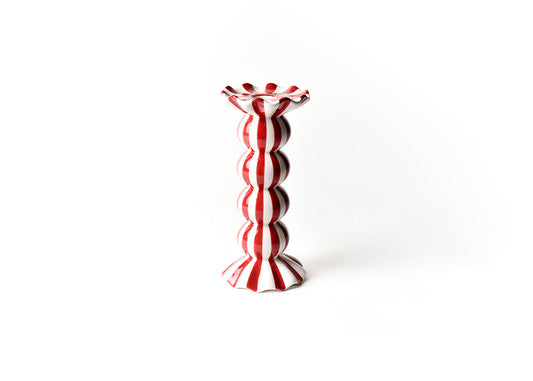 Red Stripe Medium Knobbed Candle Holder with Ruffle