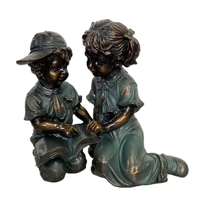 Solar Powered Boy and Girl Reading Statue