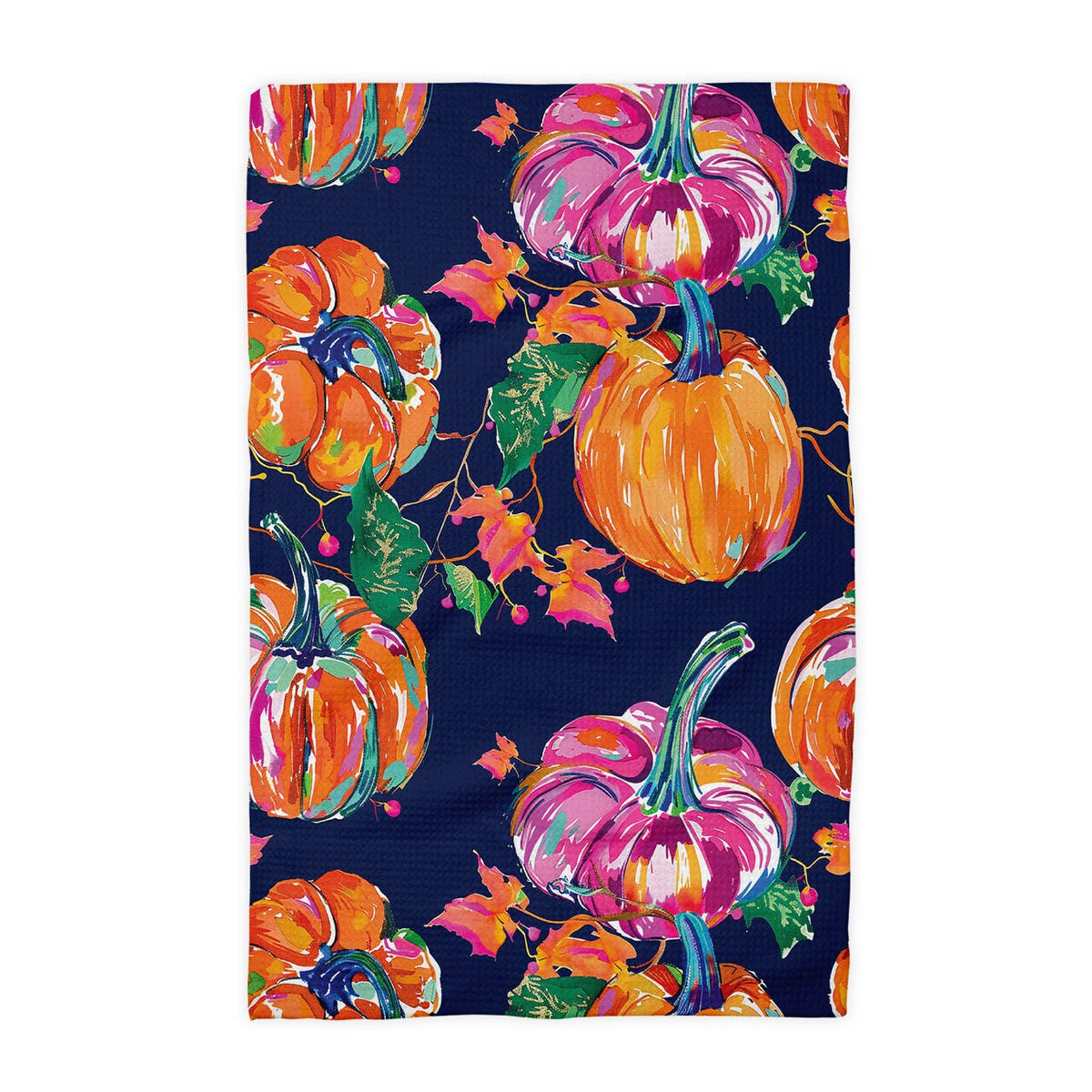 Preppy Navy Pink Pumpkin Fall Coastal Kitchen Towel Waffle