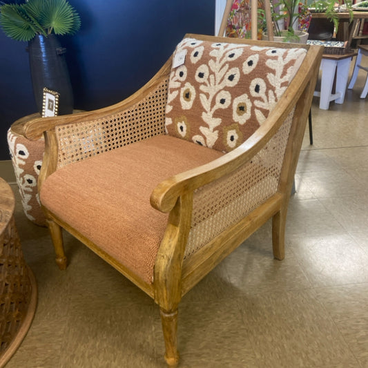 6 Mango wood and cane arm chair w hand tufted back