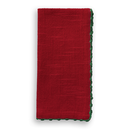 6 Knotted Edge Scarlet Red Cotton Napkin Green Trim