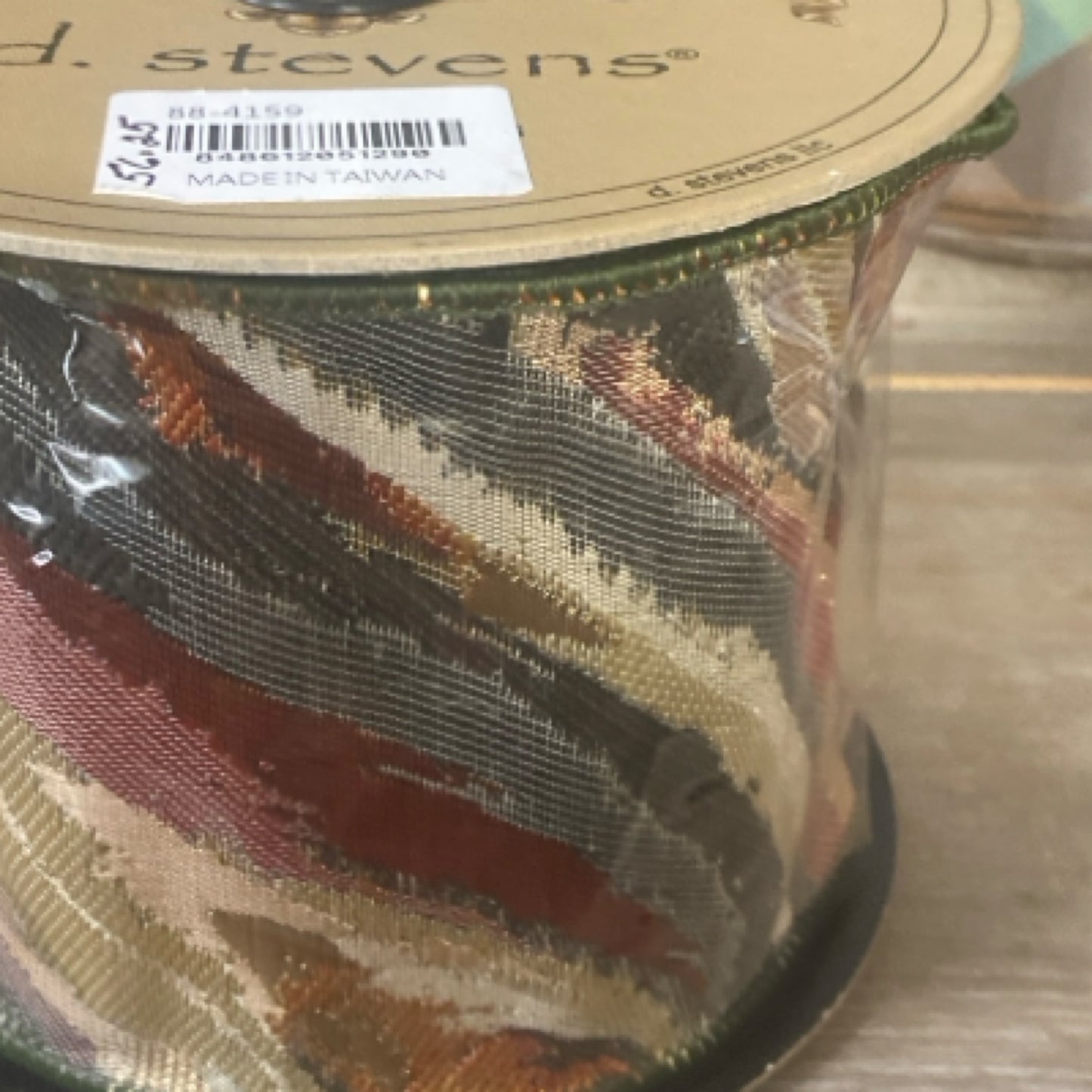 88-4159 4" x 10 yards jacquard ripple wave olive orange ribbon