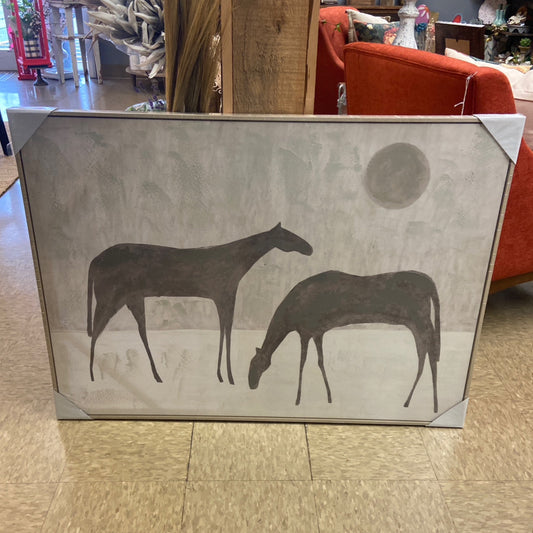 Framed painting two horses w sun