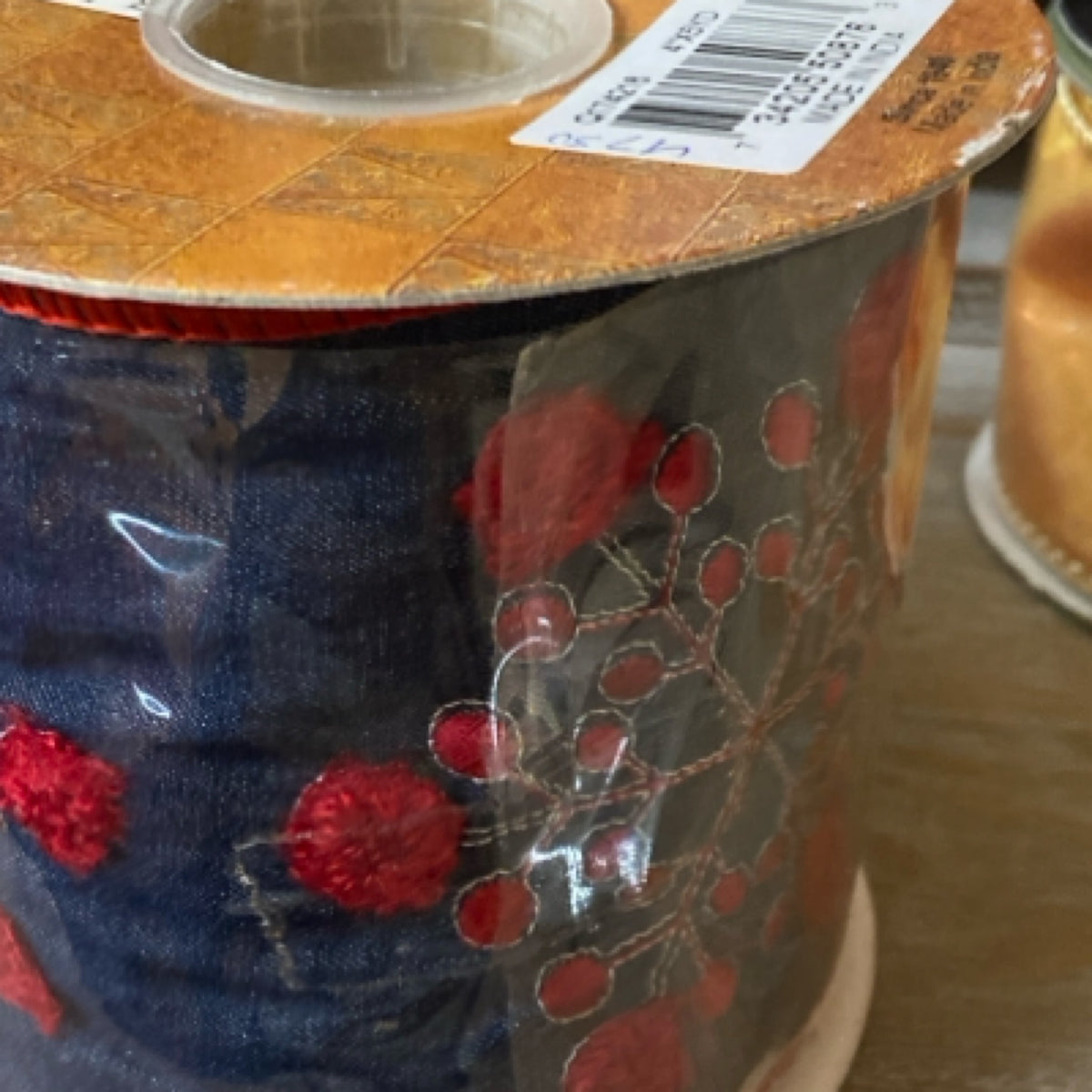 6 Q174216 Dark Feathered Blue Ribbon w,Red Snowflake's