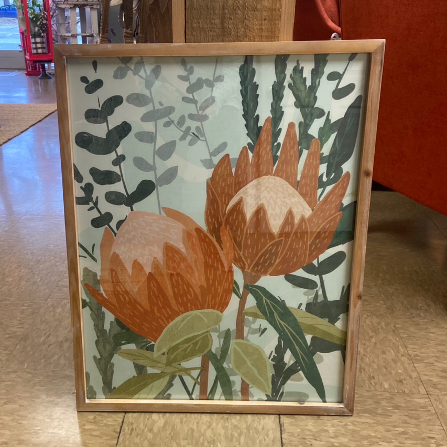 Framed print under glass protea