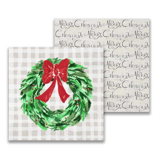 6 Christmas Wreath with Red Bow Cocktail Napkin