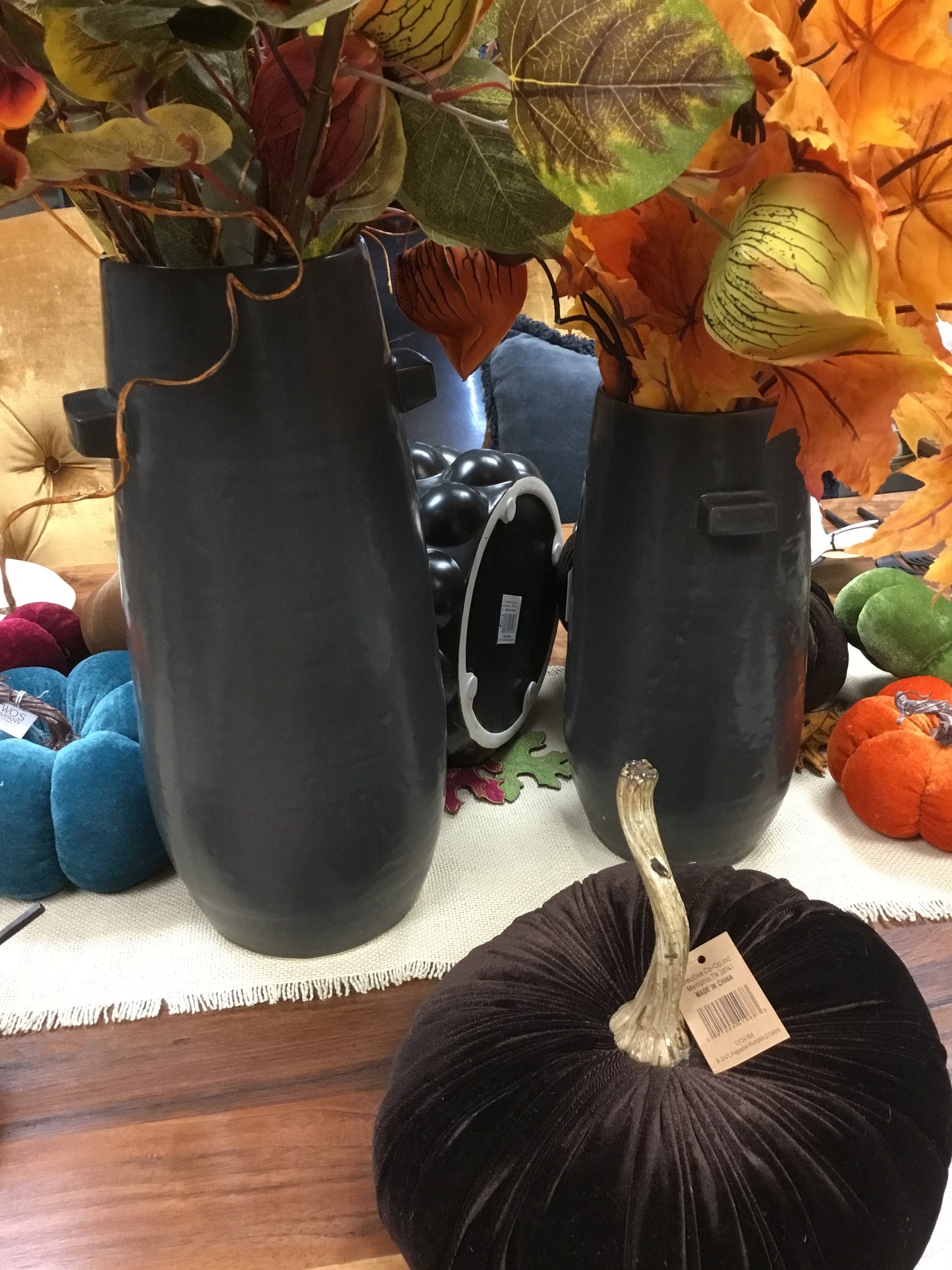 Athenea Black Glazed Ware Side Handled Vase With Mottled Surface