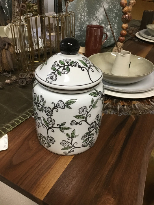 17852A-Kk Black White And Green Bird Print Lidded Containers 2 Sizes