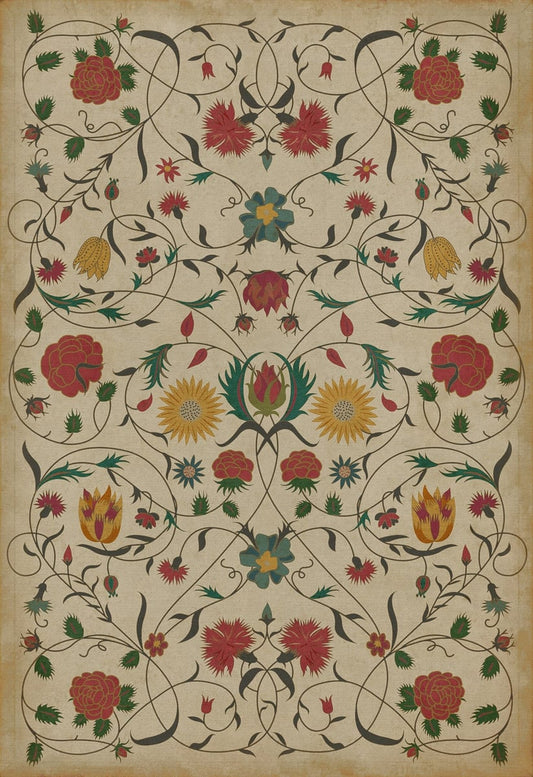 Vintage Vinyl Floorcloth (Williamsburg Floral Antiqued Ivory/Red/Mustard)